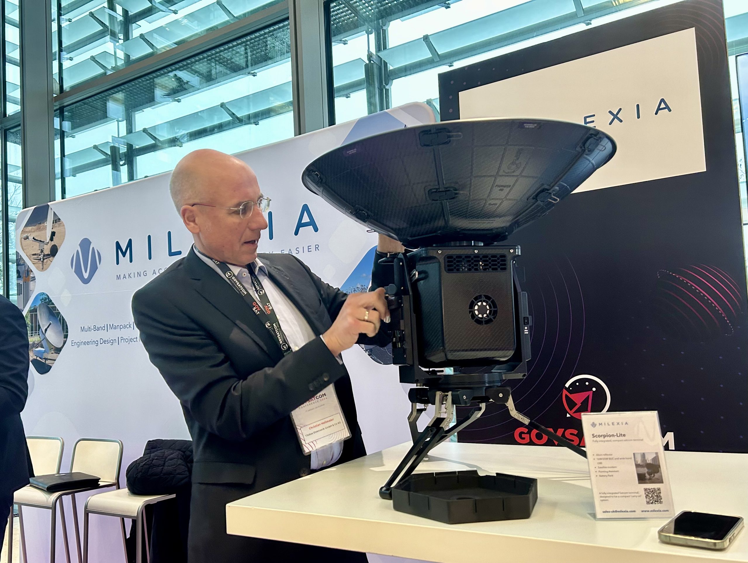Milexia team presenting Scorpion-Lite at GovSatCom 2024